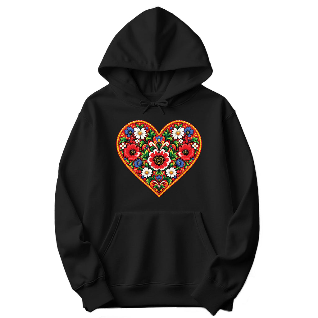 Polish colorful folk flower heart hoodie in black