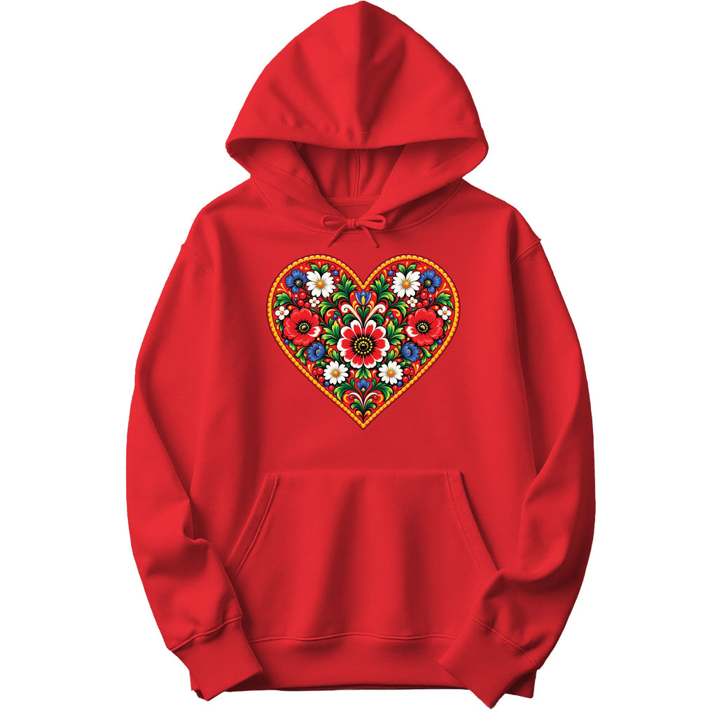 Polish colorful folk flower heart hoodie in red