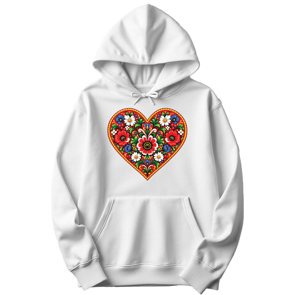 Polish colorful folk flower heart hoodie in white