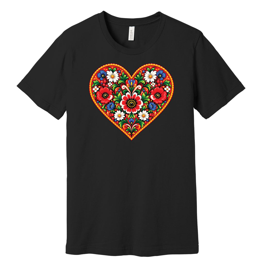 Polish colorful folk flower heart t-shirt in black