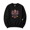 Black crewneck sweatshirt with colorful Polish folk art crowned eagle