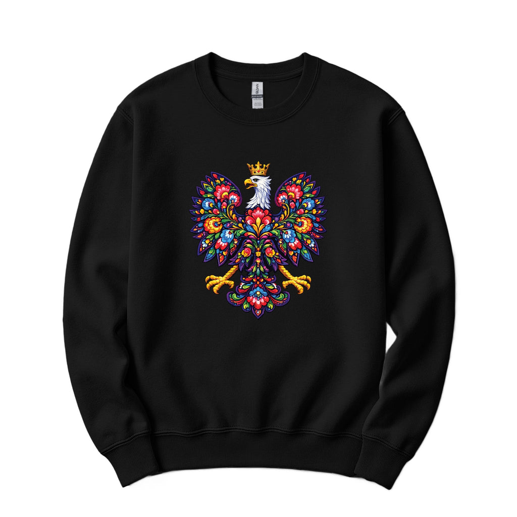 Black crewneck sweatshirt with colorful Polish folk art crowned eagle