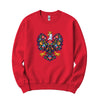 Red crewneck sweatshirt with colorful Polish folk art crowned eagle