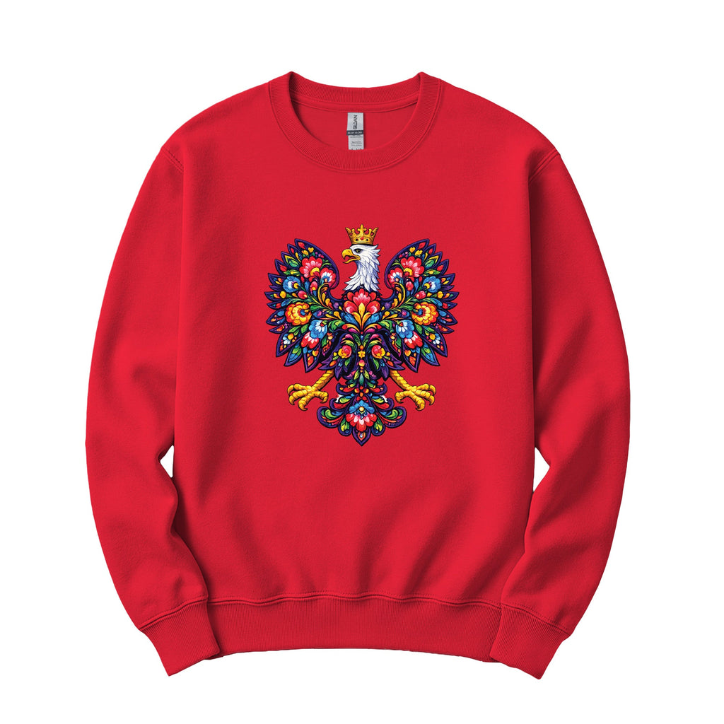 Red crewneck sweatshirt with colorful Polish folk art crowned eagle