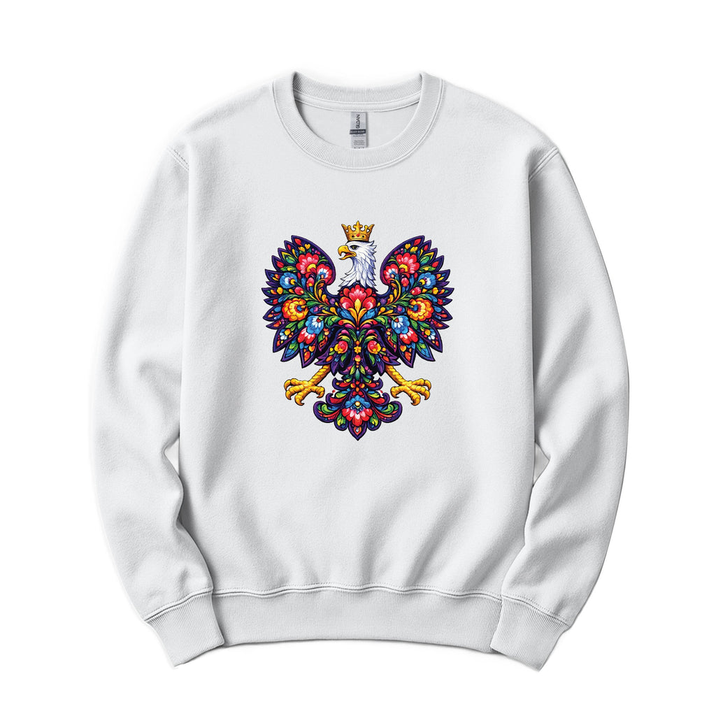 White crewneck sweatshirt with colorful Polish folk art crowned eagle