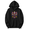 Black hoodie with colorful Polish folk art crowned eagle