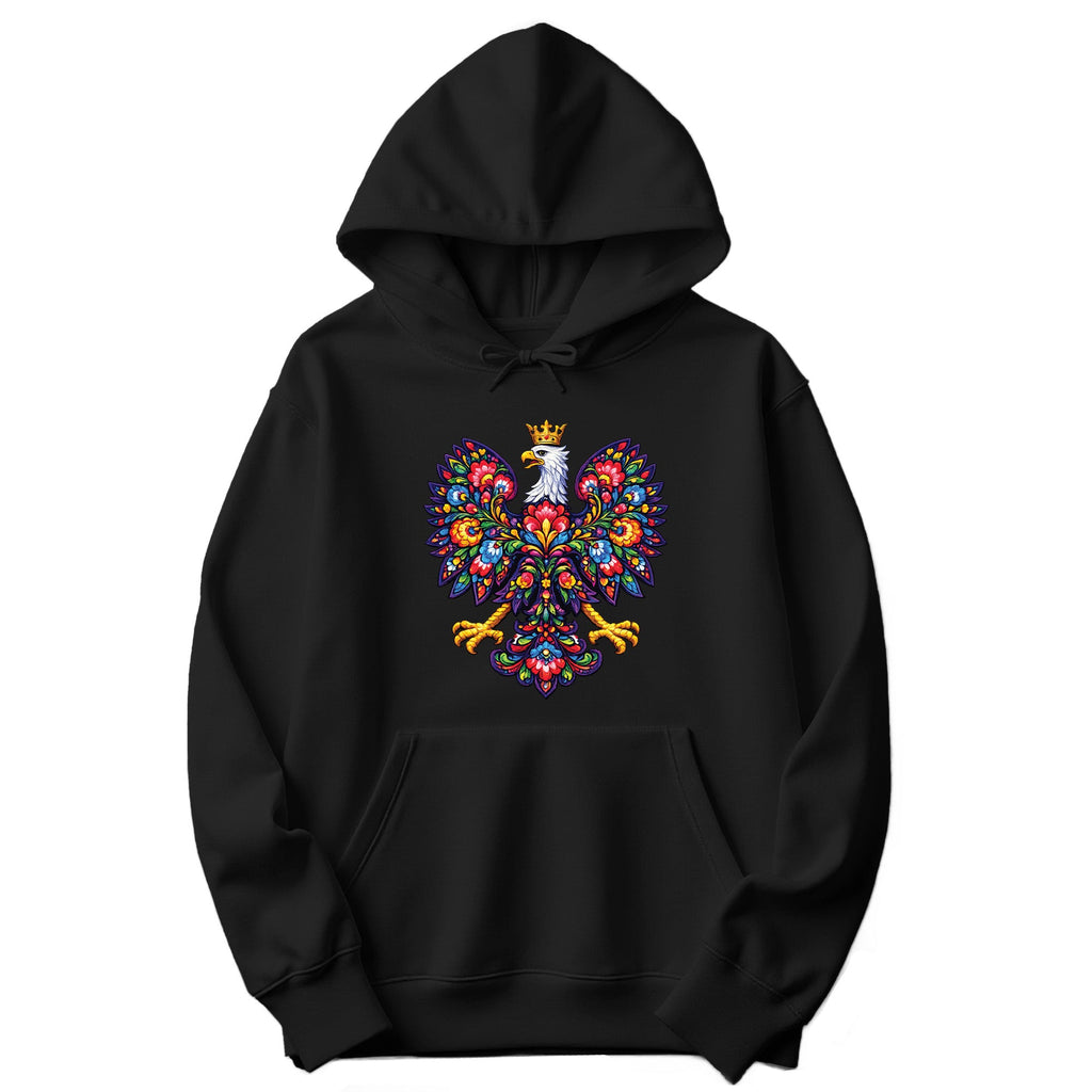 Black hoodie with colorful Polish folk art crowned eagle