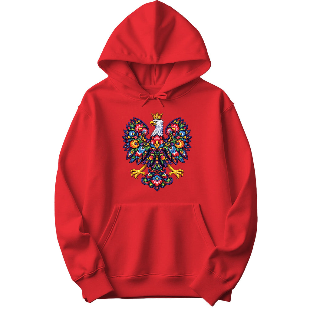 Red hoodie with colorful Polish folk art crowned eagle