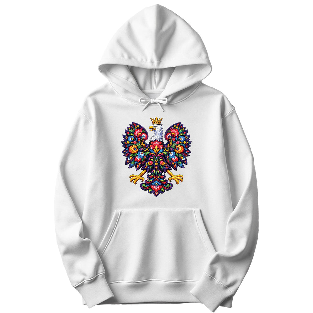 White hoodie with colorful Polish folk art crowned eagle