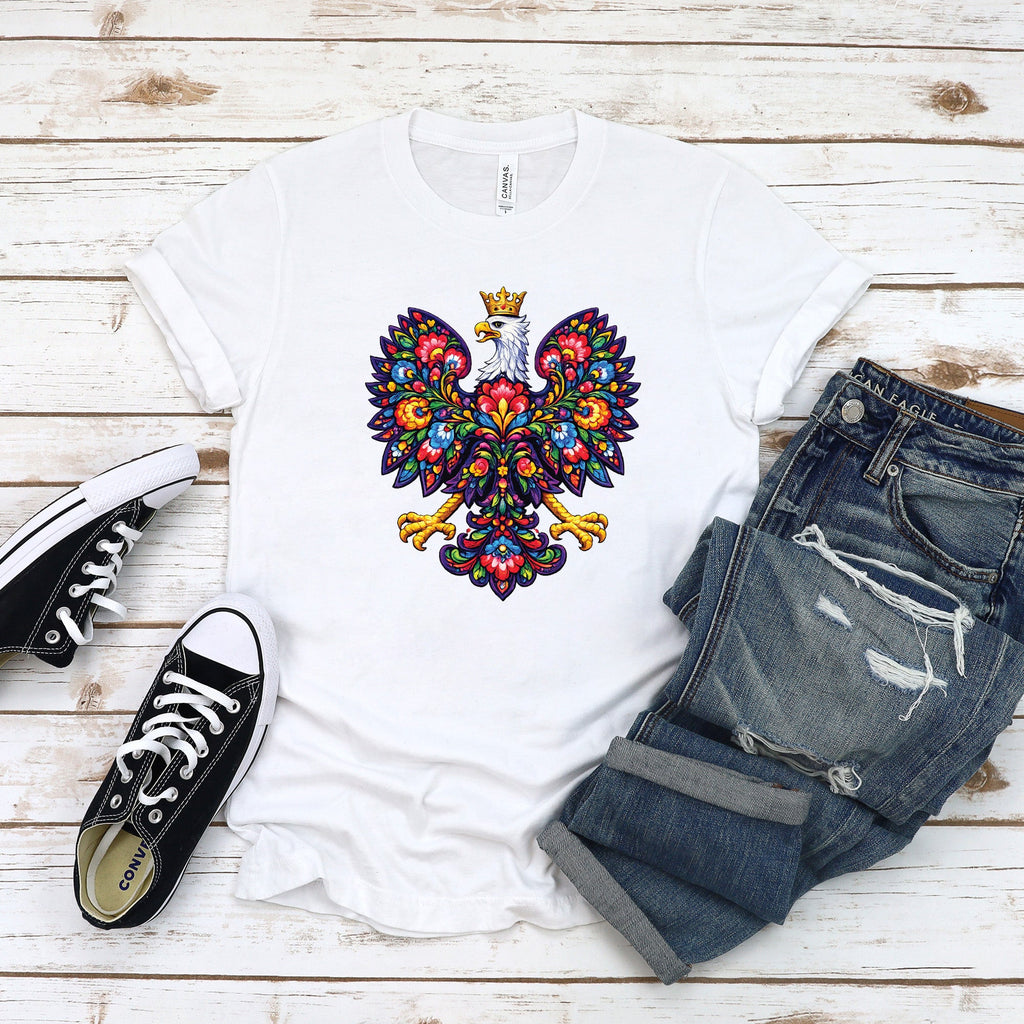 Polska colorful folk art crowned eagle T-shirt worn by woman