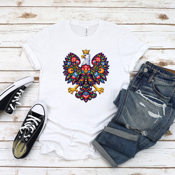 Polska colorful folk art crowned eagle T-shirt worn by woman