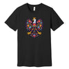 Black T-shirt with colorful Polish folk art crowned eagle
