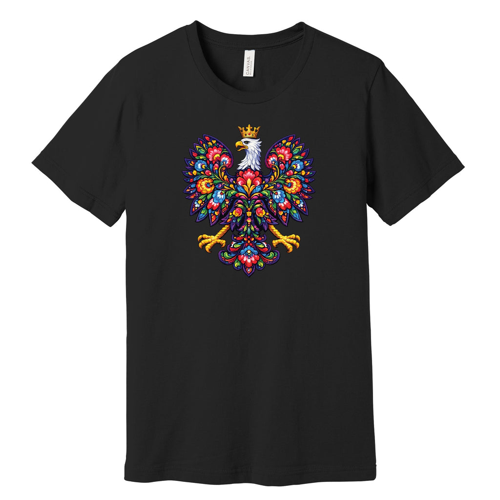 Black T-shirt with colorful Polish folk art crowned eagle