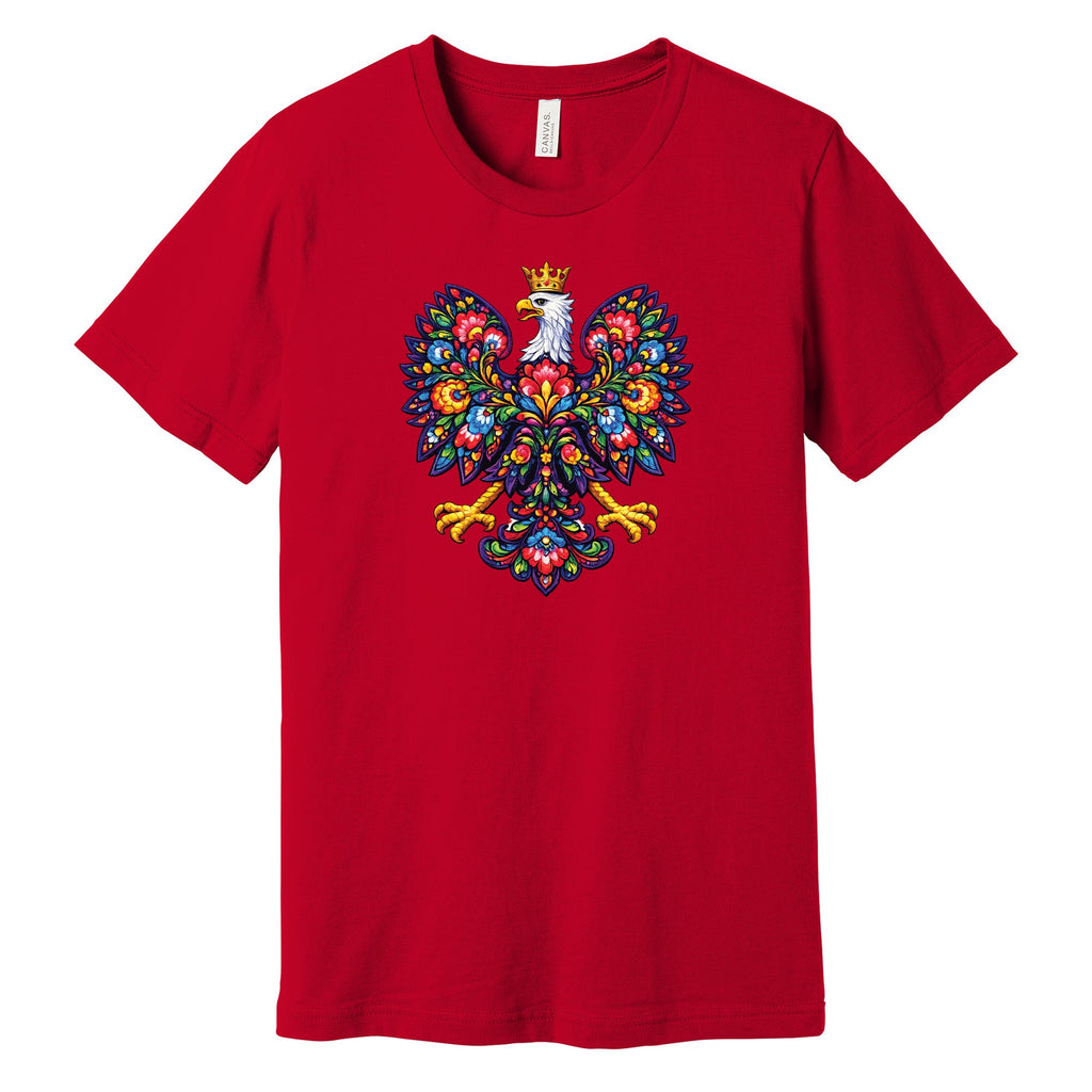 Red T-shirt with colorful Polish folk art crowned eagle