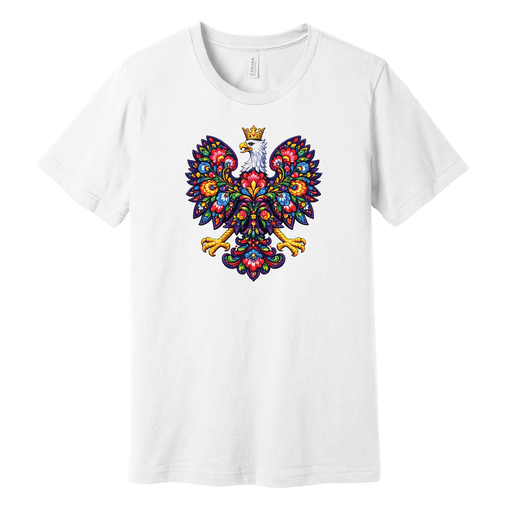 White T-shirt with colorful Polish folk art crowned eagle