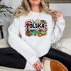 Lifestyle mockup of Polska Folk Art Doodle Poland Flag Polish T-shirt, crewneck and hoodie