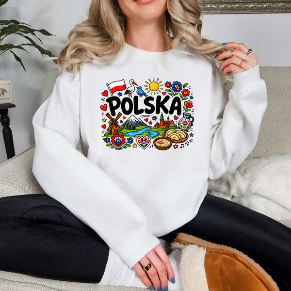 Lifestyle mockup of Polska Folk Art Doodle Poland Flag Polish T-shirt, crewneck and hoodie