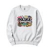 White crewneck sweatshirt with Polska doodle design: flag, stork, windmill, pierogi and folk flowers