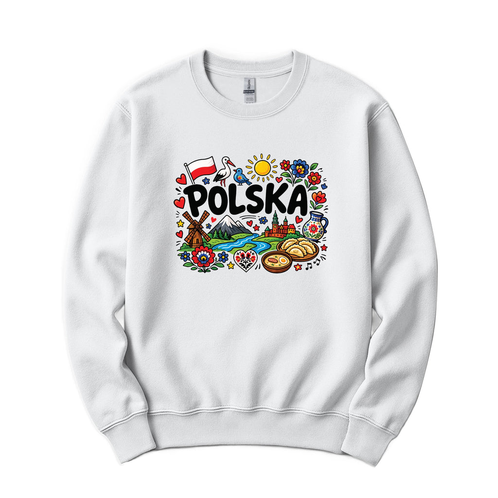 White crewneck sweatshirt with Polska doodle design: flag, stork, windmill, pierogi and folk flowers