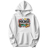 White hoodie with Polska doodle design: flag, stork, windmill, pierogi and folk flowers