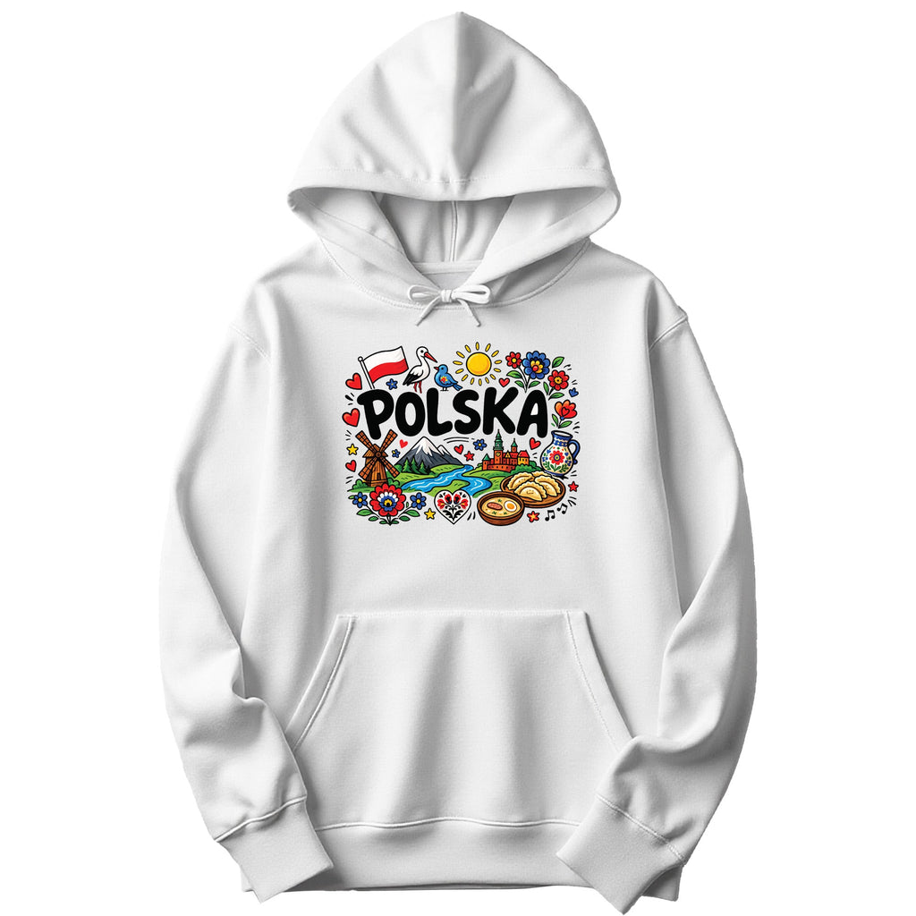 White hoodie with Polska doodle design: flag, stork, windmill, pierogi and folk flowers