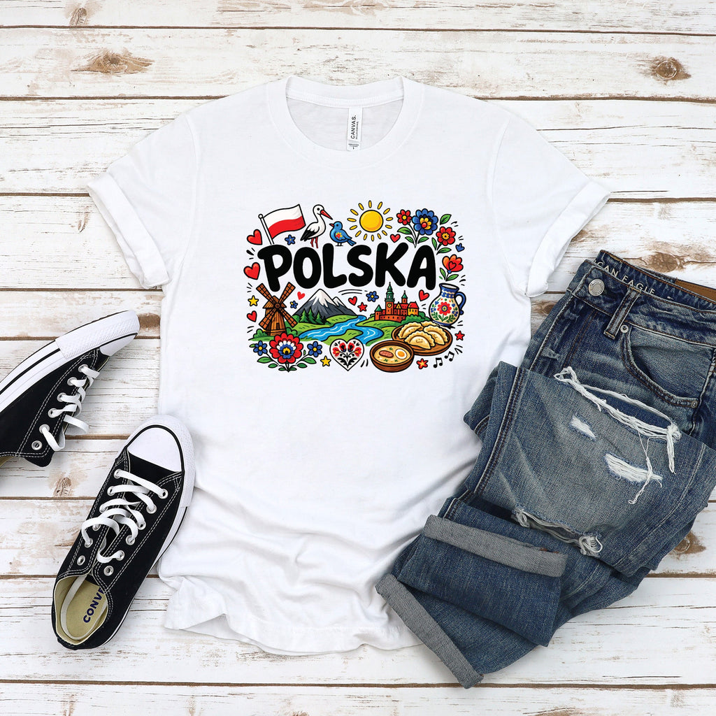 Polska folk art doodle white T-shirt worn by woman with flag, stork, windmill and pierogi