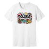 White T-shirt with Polska doodle design: flag, stork, windmill, pierogi and folk flowers