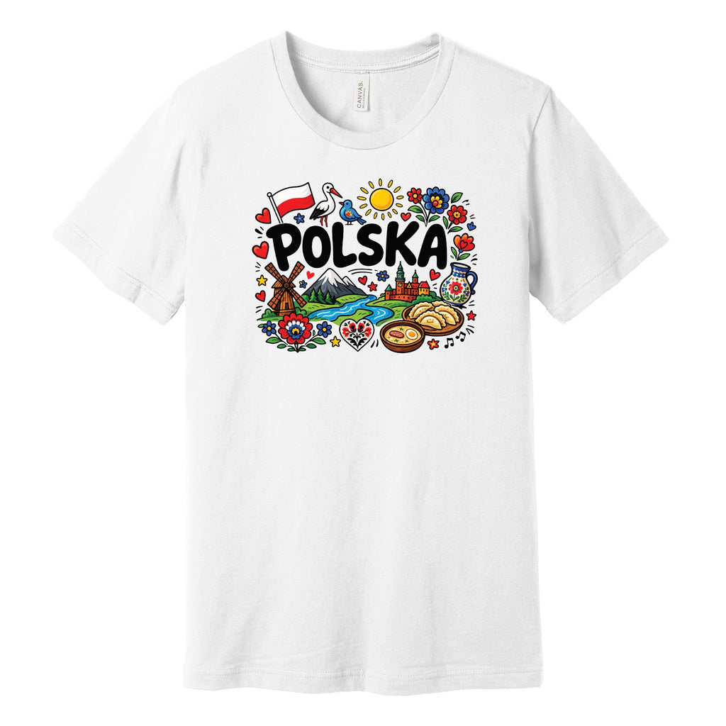 White T-shirt with Polska doodle design: flag, stork, windmill, pierogi and folk flowers