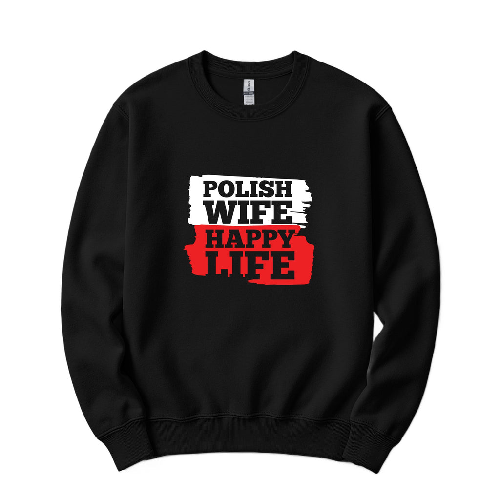 Black crewneck sweatshirt with Polish Wife Happy Life design in Polish flag colors