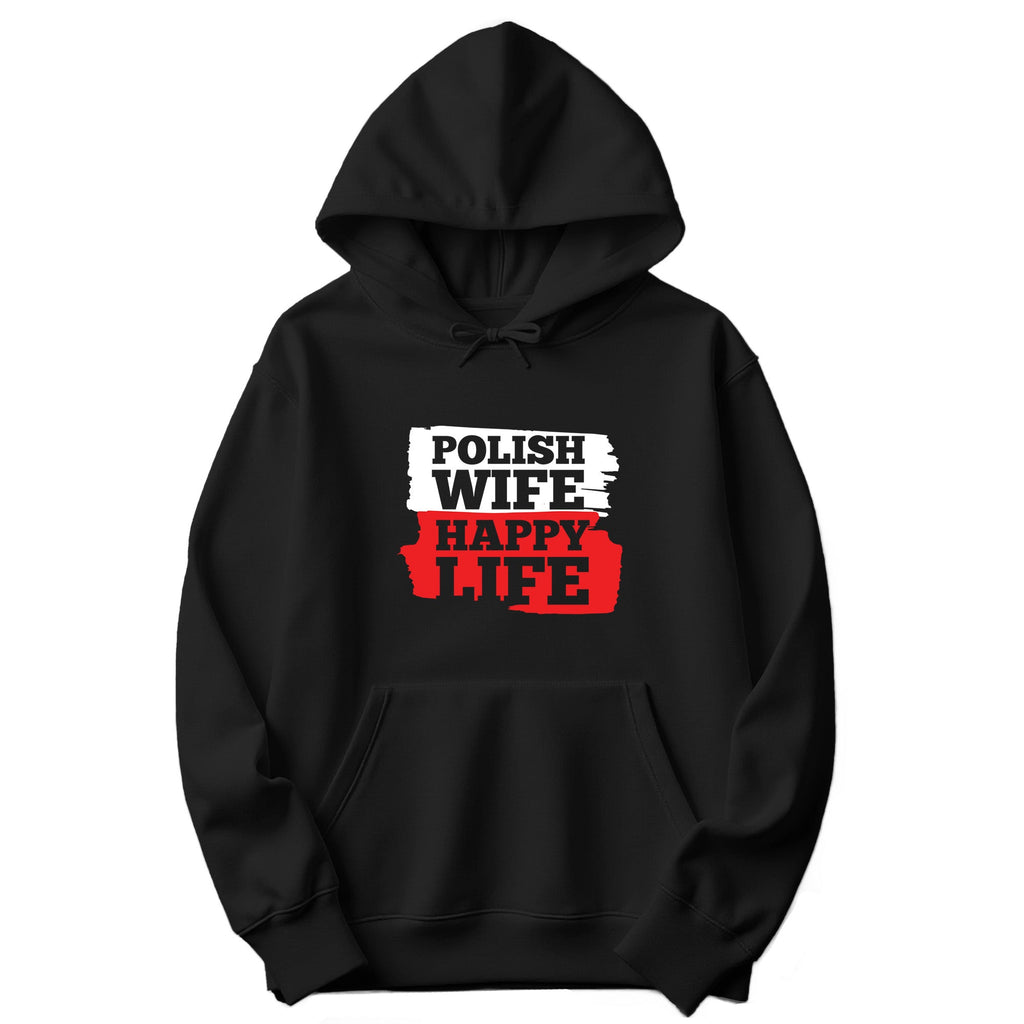 Black hoodie with Polish Wife Happy Life design in Polish flag colors