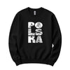 Black crewneck sweatshirt with vertical POLSKA crowned eagle line art design