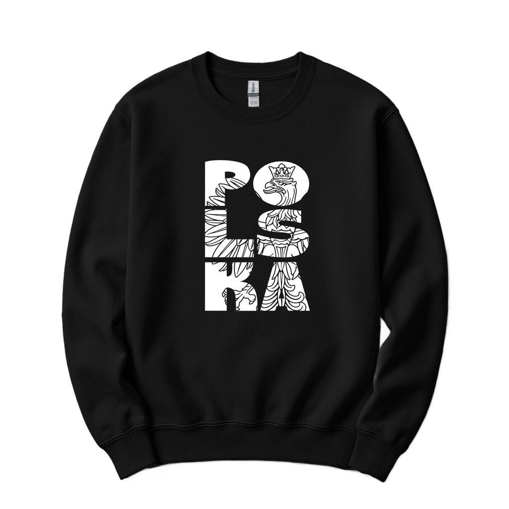 Black crewneck sweatshirt with vertical POLSKA crowned eagle line art design