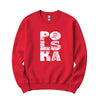 Red crewneck sweatshirt with vertical POLSKA crowned eagle line art design