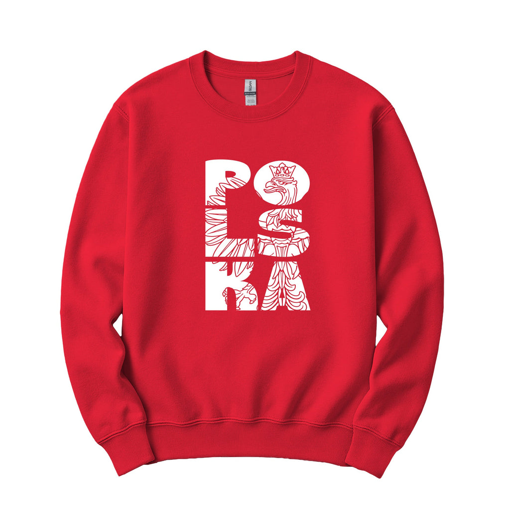 Red crewneck sweatshirt with vertical POLSKA crowned eagle line art design