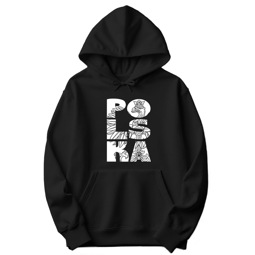 Black hoodie with vertical POLSKA crowned eagle line art design