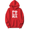 Red hoodie with vertical POLSKA crowned eagle line art design