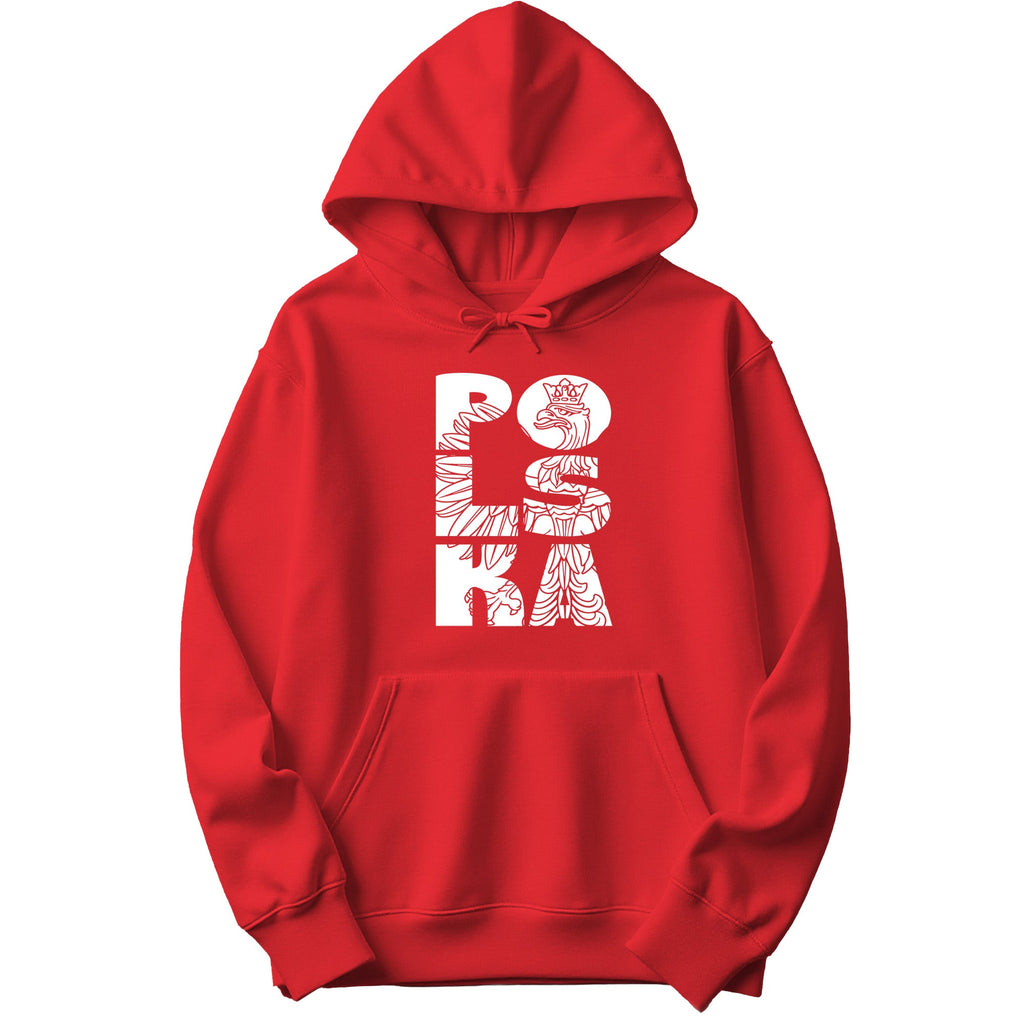 Red hoodie with vertical POLSKA crowned eagle line art design