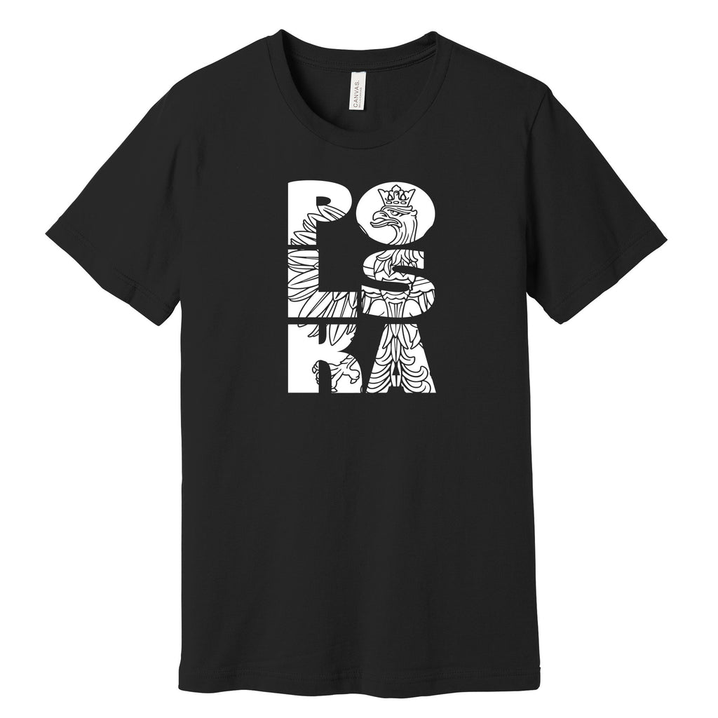 Black T-shirt with vertical POLSKA crowned eagle line art design