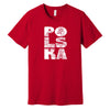 Red T-shirt with vertical POLSKA crowned eagle line art design