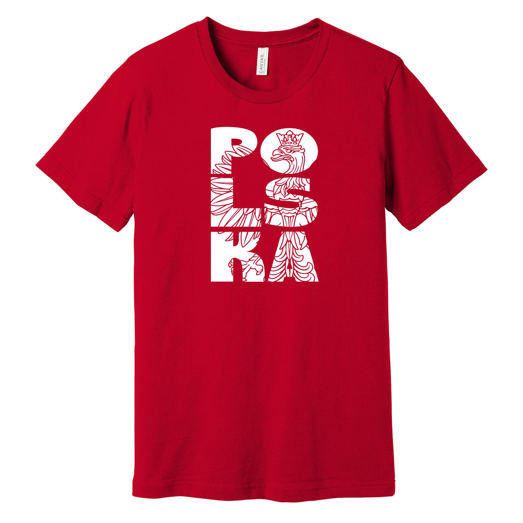 Red T-shirt with vertical POLSKA crowned eagle line art design