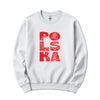 White crewneck sweatshirt with vertical POLSKA crowned eagle line art design