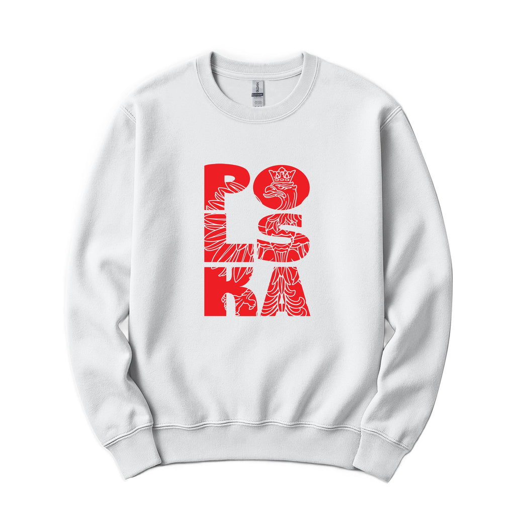 White crewneck sweatshirt with vertical POLSKA crowned eagle line art design