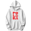White hoodie with vertical POLSKA crowned eagle line art design
