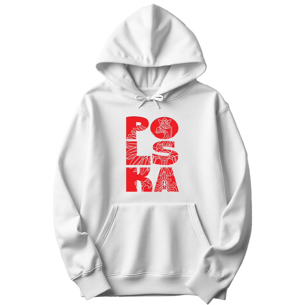 White hoodie with vertical POLSKA crowned eagle line art design