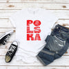 Woman wearing white T-shirt with vertical POLSKA eagle line art design