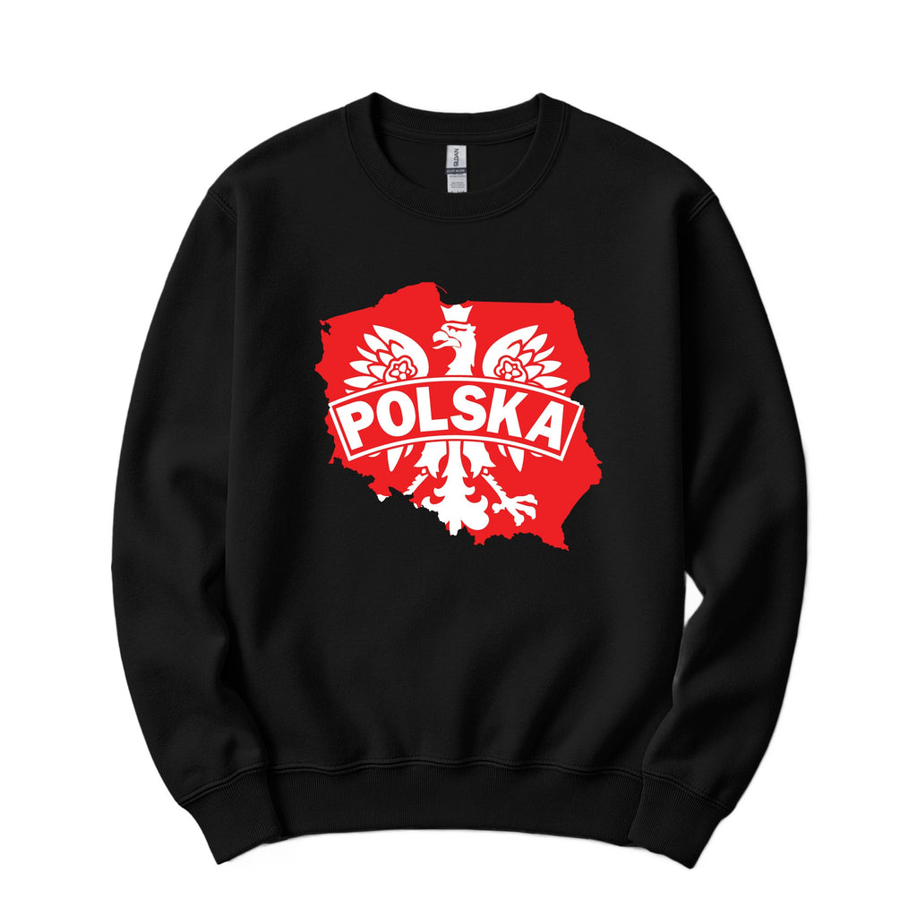 Black crewneck sweatshirt with red and white Poland map, eagle and POLSKA banner