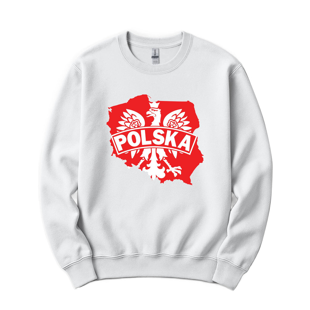 White crewneck sweatshirt with red and white Poland map, eagle and POLSKA banner