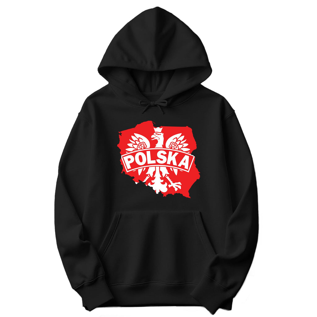 Black hoodie with red and white Poland map, eagle and POLSKA banner