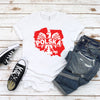Woman wearing white T-shirt with red and white Poland map eagle POLSKA design