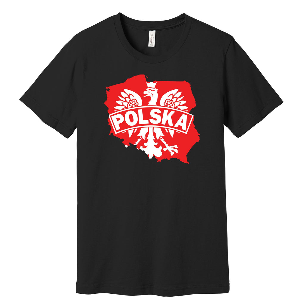 Black T-shirt with red and white Poland map, eagle and POLSKA banner
